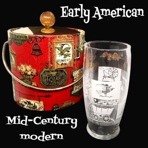 Vintage early American colonial eagle pattern ice bucket & 1 glass